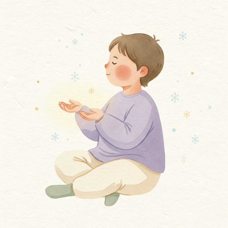 Aquarell-Illustration der Schneeflocken-Pose im Jahreszeiten-Yoga-Heft